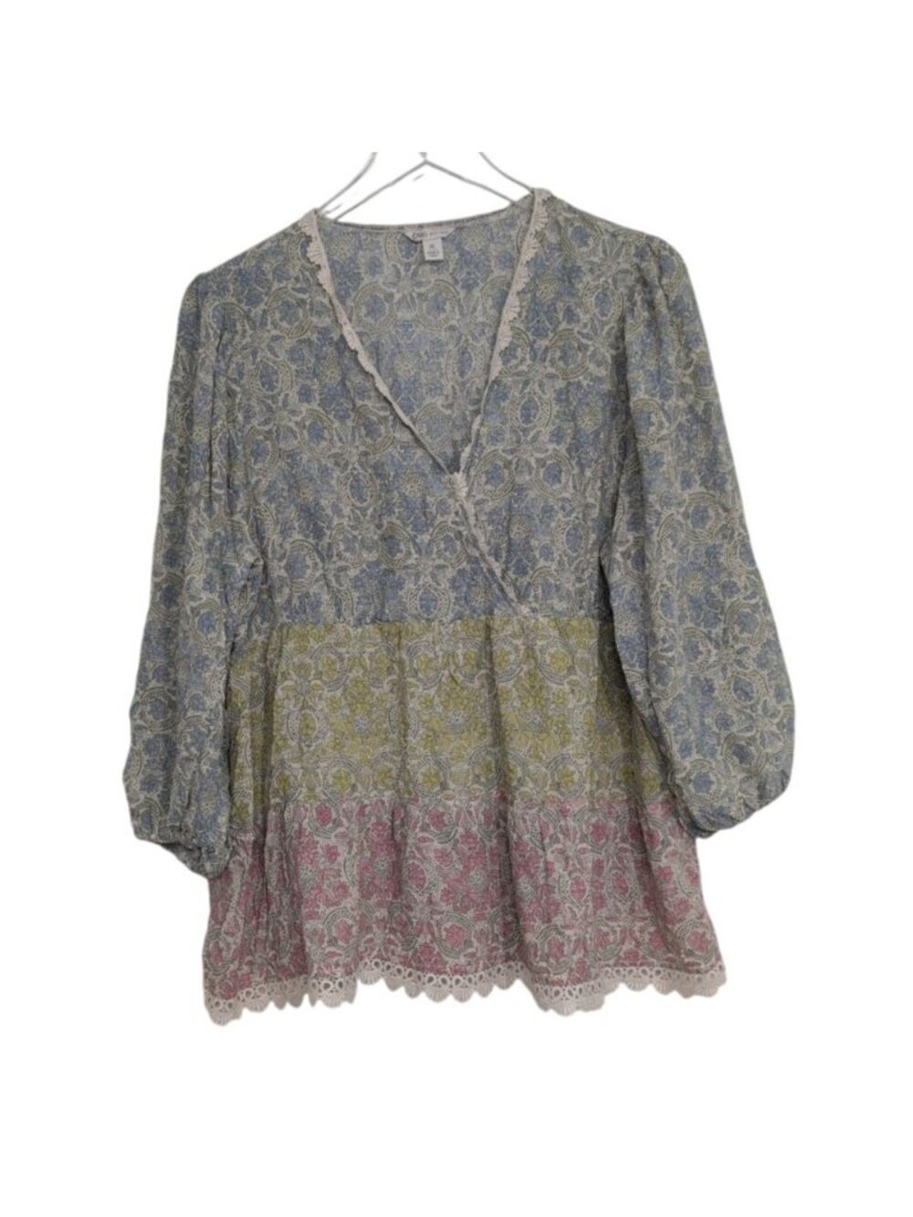 Cato Pastel Floral Shirt Womens Size XL Multicolor Boho Cottagecore Tiered V Nec